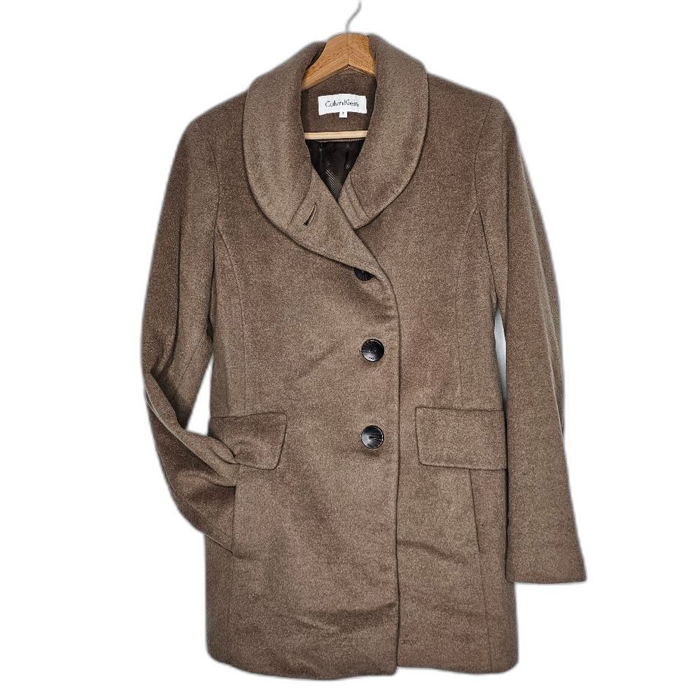 Calvin Klein Beige Oat Brown Wool Blend Lined Single Breasted Pea Coat Size 2